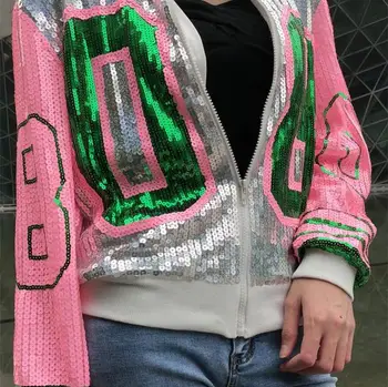 Grieķu Modes dāma streetwear mētelis 08 vizuļi zip up garām piedurknēm sportisks bat piedurknēm, rozā un zaļā Sorority jakas
