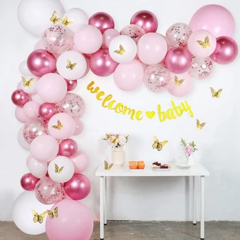Rozā Tauriņš Baloni Arkas Vainags Komplekts Baby dušas Rotājumi Meitene, Dzimšanas dienas svinības Rotājumi Kāzu Rotājumi