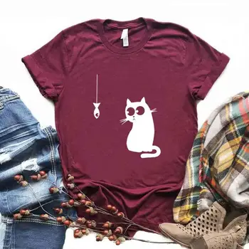 Kaķis Un Zivis Drukāt Sieviešu Tshirts Kokvilnas Gadījuma Smieklīgu t Kreklu, Lai Dāma Yong Meitene Top Tee 6 Krāsu Piliens Kuģa NA-951