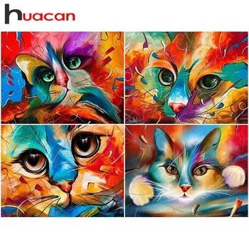 Huacan Dimanta Krāsošana Kaķu Bildes Ar Rhinestones Mozaīku Karikatūra Pilna Urbt Laukumā Instrumenti, Dimanta Izšuvumi Māksla Dzīvnieku