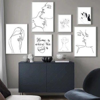 Sienas Mākslas Audekls Gleznošanai Ziemeļvalstu Plakātu Izdrukas Abstraktu Līniju Zīmēšanas Mīlestība Kiss Sexy Girl Bildes Dzīvojamā Istaba Moduļu Mājas Dekoru