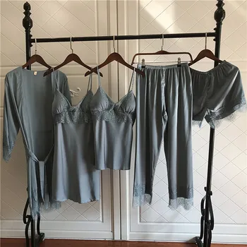 MECHCITIZ 5 gabali zīda pidžamas komplekti sievietēm satīna sleepwear drēbes bikses rudens pijamas peldmētelis sexy apakšveļa, mežģīnes ziemas pidžamas