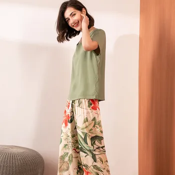 Pavasarī un Vasarā Dāmas Pidžamas Komplekts Kokvilnas Satīna 2Pcs Set Ziedu Iespiesti Elegants Femme Konkursa Sleepwear Homewear