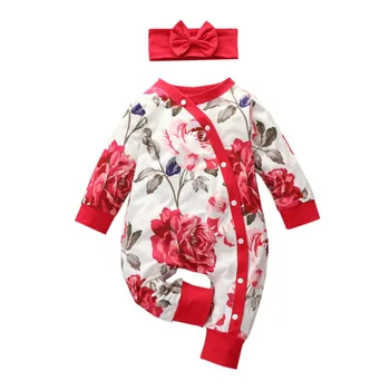 Rudens/Ziemas Jaundzimušais Meitene Apģērbu Komplekti Tērpiem 2gab Ziedu garām piedurknēm Kombinezonus Vienu-krūšu Jumpsuit Ar Galvu