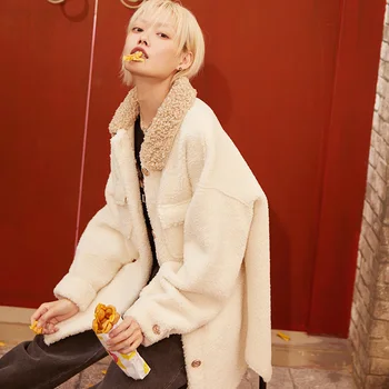 ELFSACK Balts Teddy Slinks Vienu Krūtīm, Taisni Vilnas Mēteļi Sieviešu,2020. Gada Rudenī Tīras Jaunu korejiešu Gadījuma Dāmas Warmness Outwear