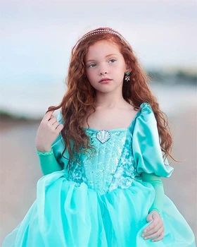 Jaunais Gads Mazās Nāriņas Kostīms Helovīna Bērnu Princese Ariel Kleita Pūkains, Meitene Zaļā Puff Piedurknēm Kleita Dzimšanas Dienas Tērpu Zīdaiņu