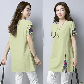 Korejiešu Stilā, Vasaras Izšuvumi Blūze, Krekls Sieviešu Modes Plus Lieluma Īsām Piedurknēm Kokvilnas Veļu, Zils Zaļš Sieviete Topi Lielu Tunikas