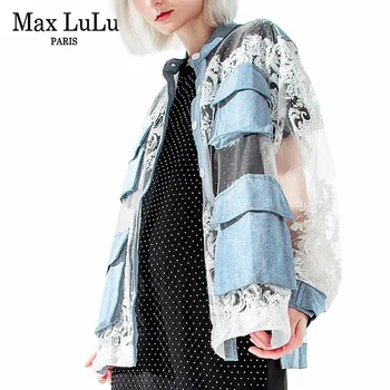 Max LuLu 2019 Rudens Korejas Luksusa Dāmas Mežģīņu Topi Un Blūzes Sieviešu Sexy Džinsa Krekli Vintage Blusas Ziedu Drēbes Plus Izmēra