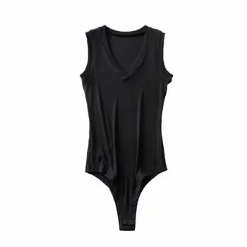 Bodysuit Sexy Cietā V-veida kakla Piedurknēm Melnā Minimālisma Bodysuits