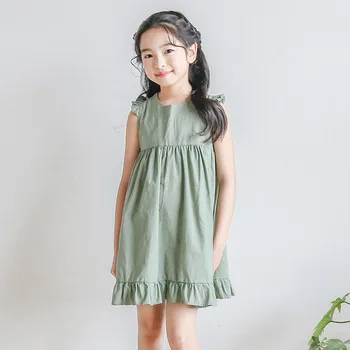 Zaļa kleita vecums 6 - 14 gadu pusaugu meitenes bez piedurknēm šifona savirmot kleita vasaras vienkāršu ķīniešu stilā backless bērniem frocks