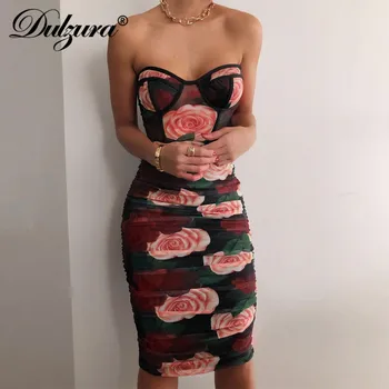 Dulzura Ziedu Drukāt Daudzām Sievietēm Ar Garām Piedurknēm Mini Kleita Ruched Bodycon Sexy Streetwear 2020 Rudens Ziemas Kluba Elegants Slim