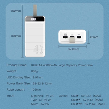 KUULAA Power Bank 40000mAh Portatīvo Uzlādes PowerBank 40000 mAh USB PoverBank Ārējo Akumulatoru Lādētāju Xiaomi Mi 9 8 iPhone