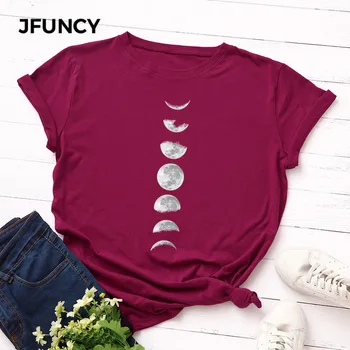 JFUNCY Plus Lieluma T S-5XL Jauns Mēness Druka T Kreklu Sievietes Kokvilnas O Apkakli, Īsām Piedurknēm T-Krekls Topi Vasaras Ikdienas Krekli