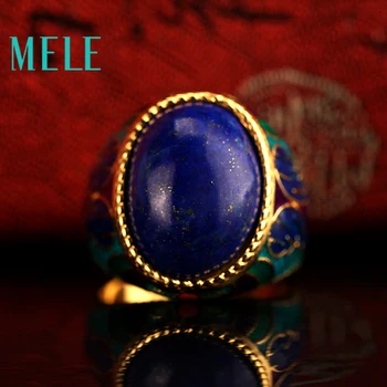 Dabas Lapis lazuli 925 silver,Gold-plated gredzeni,Ovālas sagriezti 13mmX18mm, seno laiku stilā, labas kvalitātes Uguns kreka liels gredzens