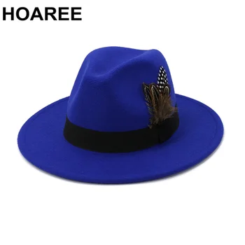 HOAREE, Balta Vilna Vintage Trilby Jutos Fedora Cepuri ar Spalvu Sievietes Vīrieši Baznīcas Cepures Platām Malām, Vīriešu, Sieviešu Rudens Džeza Vāciņi