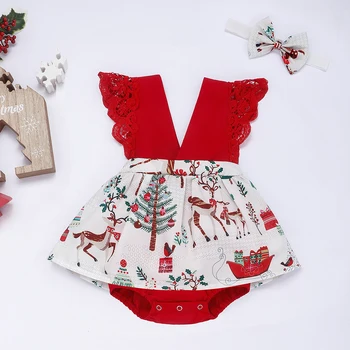 Ziemassvētki Infant Baby Meiteņu Drēbes Mežģīnes Romper +Galvas Tērpiem