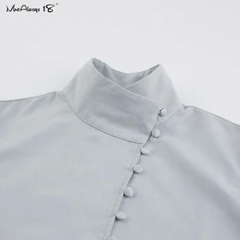 Mnealways18 Stand Apkakli Biroja Blūze Sievietēm Gadījuma Pogu Dāmas Puff Piedurknēm Krekls Balts Vienu-Krūšu Top Pavasara Darba krekli