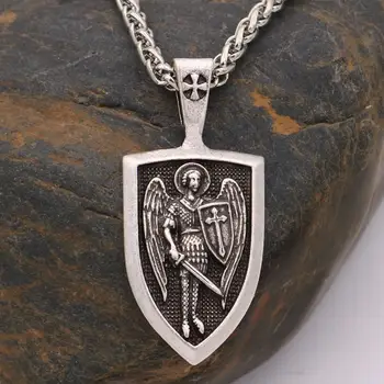 Nostalģija Eņģelis Vairogs Kaklarota Vīriešiem Vikingu Karotājs Archangel Michael Aizsardzības Amuletu Krievijas Pareizticīgo Cross Kulons Rotaslietas
