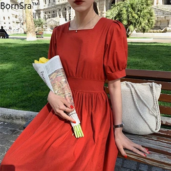 BornSra Jaunu 2020 Sievietes Vasaras Kleita Gadījuma Vintage Mežģīnes Up Loku Augsta Vidukļa Laukumā Apkakles Puff Piedurknēm Kroku Gara Kleita