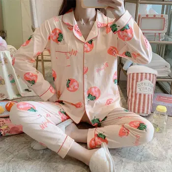 Kawaii Pidžamu Sieviešu Kokvilnas Pyjama Femme Mājas Drēbes Sievietēm Pavasara Mājas Tērps ar garām Piedurknēm Sleepwear Augļi Drukāt Pidžamas