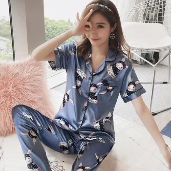 Plus Lieluma Zīda Satīna Īsās Piedurknes Garas Bikses Pidžamas Komplekti Sievietēm 2020. Gada Vasaras Sleepwear Uzvalks Homewear Pijama Mujer Mājas Drēbes