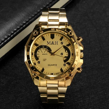Zelta Modes Luksusa Vīriešu Zīmols M&H, Kvarca Rokas pulksteņi Vīriešu Augstas Kvalitātes Tērauda Vīriešu Kleita Pulksteņi reloj hombre relogio masculino