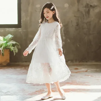 Elegants Balts Mežģīņu Ziedu Kleitu Kāzām ar garām Piedurknēm līnijas Meitenes Princess Puse Komūniju Gājienā Vestidos Vecuma 8 10 12 14