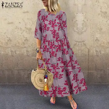 Ir 2021. Rudens Vintage Ziedu Printed Kleita ZANZEA Sievietes Pusi Piedurknēm Gadījuma Sundress Bohēmijas Femme Kleita Kokvilnas Veļu, Drēbes Vestido