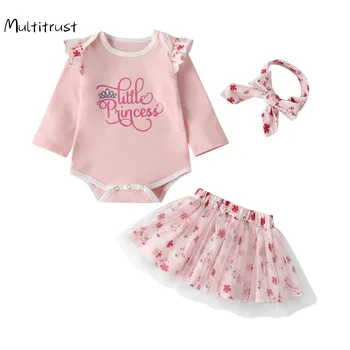 Princese Baby Girl Apģērbu Tērpiem Trīs Gabals Uzvalku Unikālo Vēstuli Bodysuit un Saldu Ziedu Marli Svārki ar Priekšgala Galvu