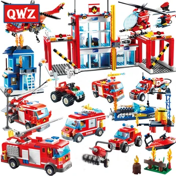 QWZ Bloki Lielu Ugunsdzēsības Glābšanas Celtniecības Bloki Fire Station Helikoptera Kravas automašīnu Bloks Rotaļlietas Bērniem Dāvanas
