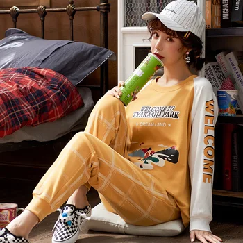 MELIFLE Pavasara korejas Modes Pidžamas Komplekti Sieviešu Rudens Silts Atoff Mājas Mīksta Zīda Sleepwear Kokvilnas PJS Satīna Naktsveļu