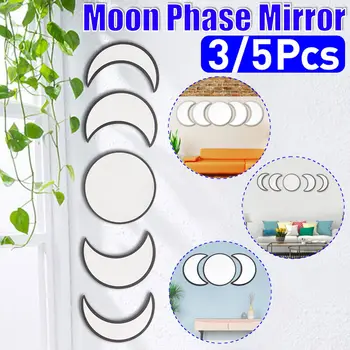 Nordic Style Koka Moonphase Spogulis Uzstādīt Bohēmijas Apdare Mēness Fāzes Spogulis Set Home Bērnu Istabas Dekori, Mēness Fāzes, Sienas Spogulis