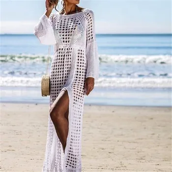 2019 Sexy Baltas Tamborētas Bikini Ietilpst-Up Beach Mētelis Peldkostīmu Cover-Ups Ilgi Beachwear Trikotāžas Bikini Segtu Līdz Pat Pareo, Pludmales Kleita
