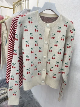 SHIJIA Rudens Ziemas Vienas krūtīm, Ķiršu Trikotāžas Jaka Topi sieviete, O-veida kakla pilnu piedurknēm sabiezēt Siltu džemperi, jaku 2020