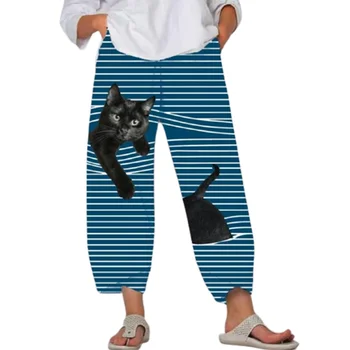 Modes Svītrains Kaķis Drukāt Melnas Bikses Sieviešu Pavasara Rudens Vidū-Vidukļa Sporta Harlan Bikses Gadījuma Zaudēt Ielā Plus Lieluma Bikses
