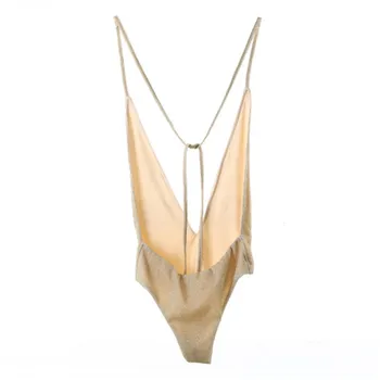 Sexy Dziļu V Viengabala Peldkostīms Sievietēm 2019 Vasaras Zelta Sequin Bez Piedurknēm Bodysuit Pārsējs Pludmalei Peldkostīmi Sieviešu Peldēšanas Tērps