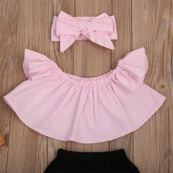 3PCS Vasaras Cute Baby Meitenes Modes Apģērbs Jaundzimušais Meitene Drēbes, Uzstādīt Pie Pleca Top T-Krekls+Šorti Bikses+Galvas Meitene