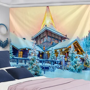 Modes Ziemassvētku Sienu Tapsējuma Sniega Skats Koka Māja, Hipiju Mandala Indijas Tapices Mājas Interjera Dekorēšanai