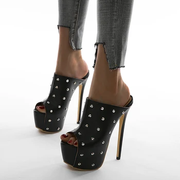 Modes Sievietes Slaidi Peep Toe Platformas Kurpes Super Augstiem Papēžiem 16cm Čības Sexy Kniežu Dizaina Mūļu Kurpes Melnā Sūkņi Lielums 35-42