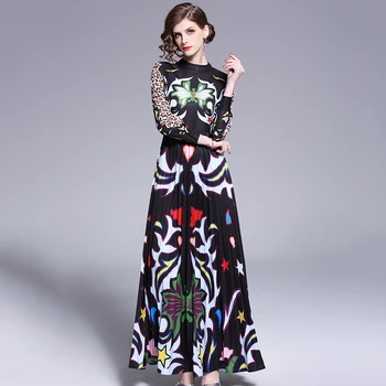 Luksusa Dizaineru Skrejceļa Anotācija Leopards Izdrukāt Maxi Kleita 2019. Gada Pavasara Sievietes Stāv Apkakle Slim Vintage Kroku Kleita Vestidos
