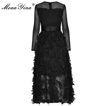MoaaYina Modes Dizainera kleita Pavasara Sieviešu Kleita ar garām piedurknēm Acs mežģīnes-up Black Pušķis Puse Kleitas