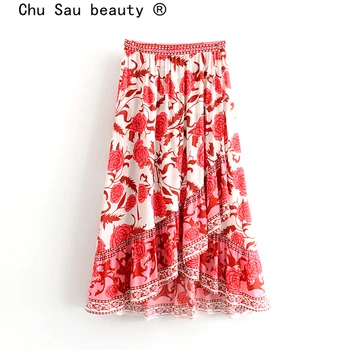 Chu Sau skaistumu Boho Vintage Ziedu Iespiesti Midi Svārki Sievietēm Jaunā Modes Svētki Šiks Asimetrisks Pludmales Svārki Vestidos Mujer